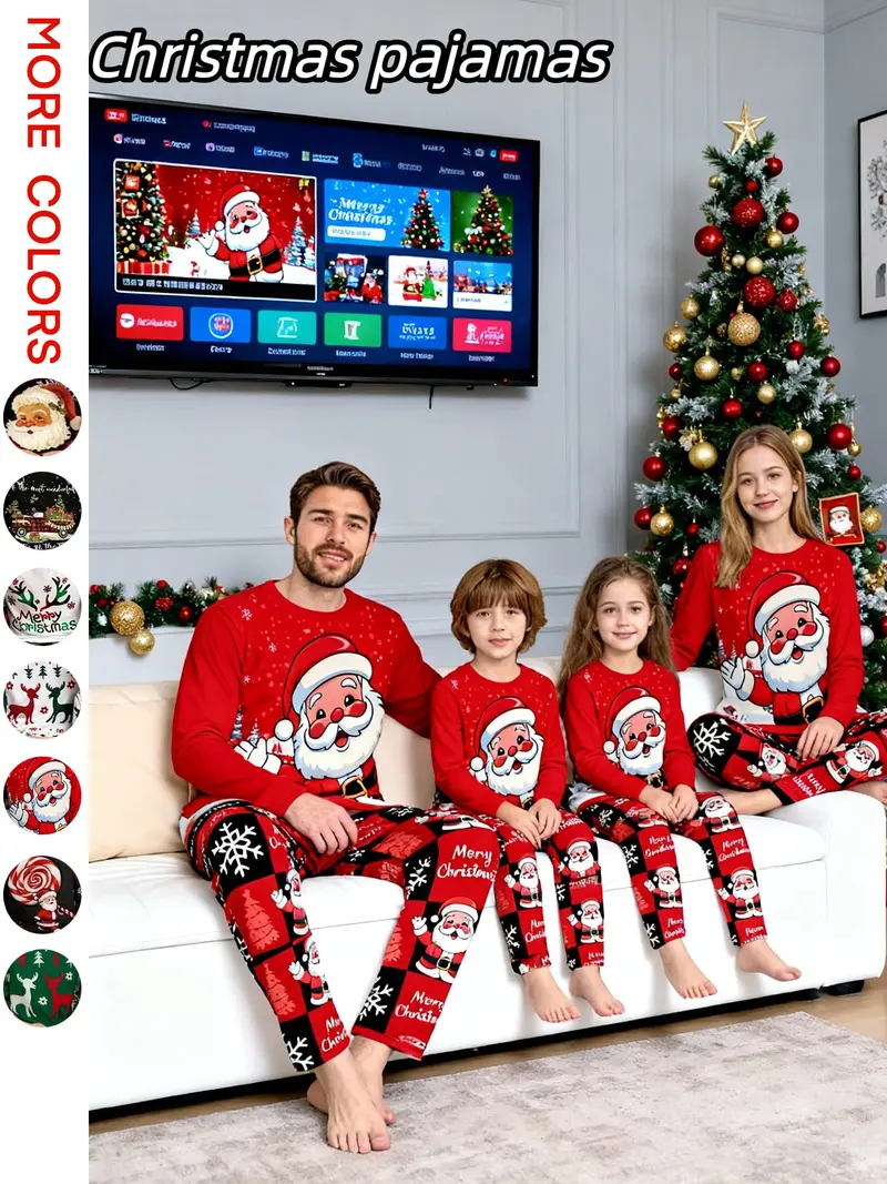 Family Matching Pajamas Set, Cartoon Letters Print Top, Striped Plaid Pants, Casual Long Sleeve Sleepwear