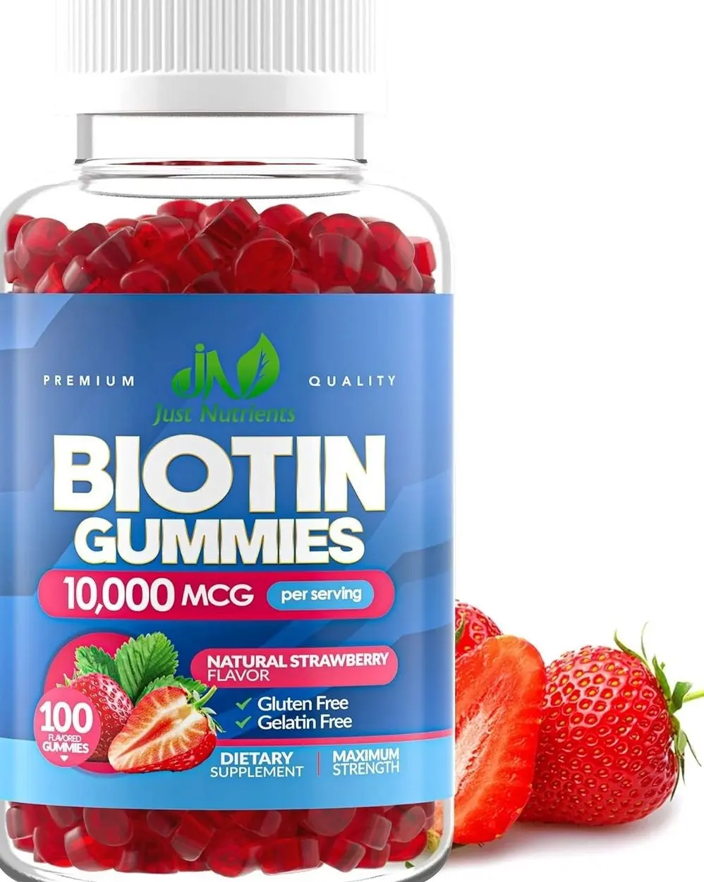 Biotin 10,000mcg Gummies for Hair Growth, Skin & Nails - 2x Maximum Strength Biotin Vitamins for Women & Men - Gluten-Free, Vegan, Non-GMO, Great Tasting Strawberry Flavor - 100 Gummies