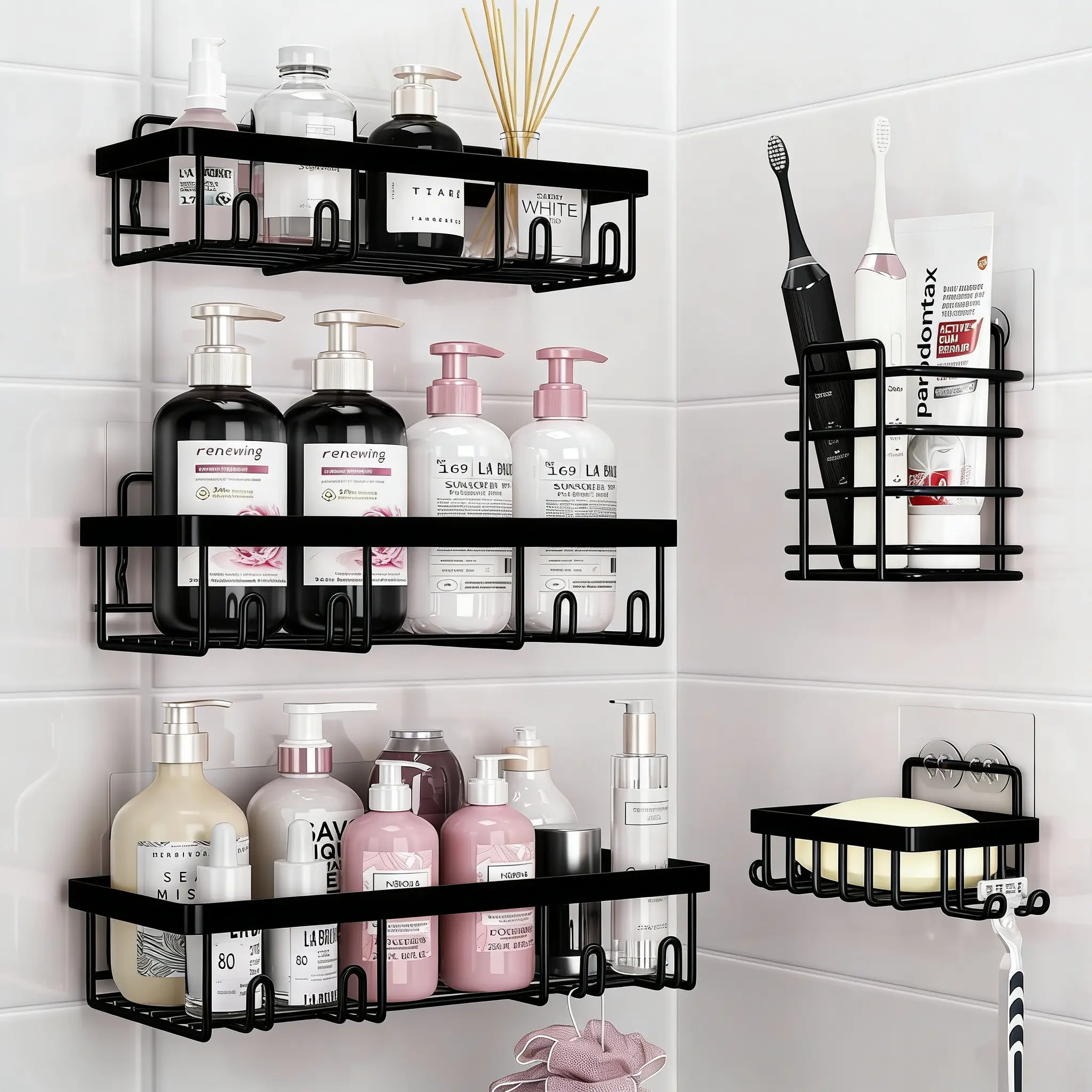 5-Piece Black Stainless Steel Wall-Mounted Bathroom Accessory Set, 2026 Petit Bits Rust-Resistant Shower Organizer & Rust-Proof Waterproof No-Drilling Adhesive Shower Caddy, Toothbrush Holder, Soap Holder, Large-Capacity Minimalist Holiday Gift, Rust-Resi