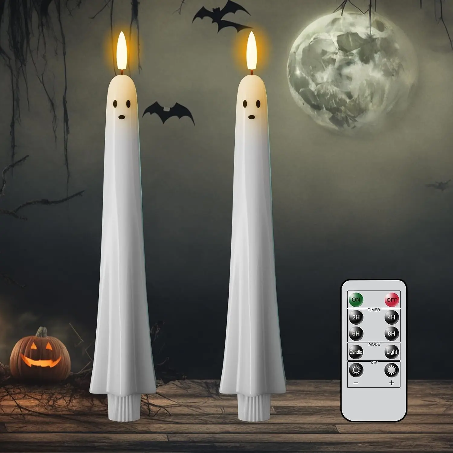 Halloween Ghost Flameless Taper Candles Flickering Remote Timer | Battery Operated LED Candlesticks, 3D Wick Hand Painted Wax, 400 Hours Long Lasting, Dinner Indoor Decor, 0.79"x9.5", 2Pack