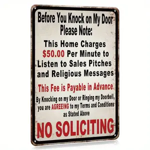 Funny No Soliciting Sign for Home Outdoor Door - Vintage Metal Tin Plaque for Wall, Bathroom, Man Cave - 8x12 Inch Decor - Keep Unwanted Visitors Away