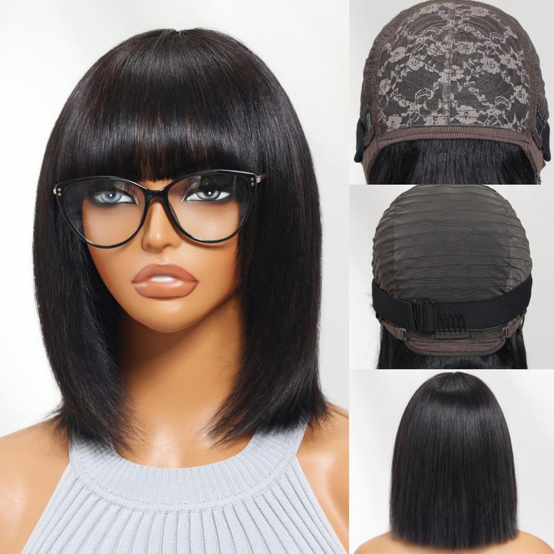 UNice Glueless Silk Straight Short Bob Wig with Bangs Full Machine Made Human Hair Wigs for Natural Looking