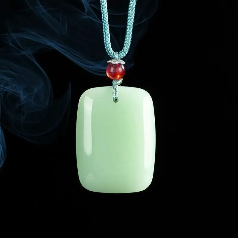 Unisex Wood Element Hetian Nephrite Green Jade Pendant - "No Worries" Hanging Charm, Translucent Glossy Texture, Uncarved Traditional Look, Fresh Color Tone, Daily Wear Adult Jewelry for Peaceful Days Home Decor