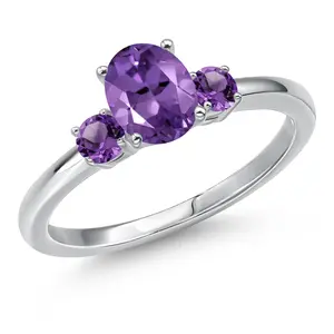 Gem Stone King 14K White Gold Purple Amethyst 3-Stone Engagement Ring For Women | 0.95 Cttw | Oval 7X5MM and Round 3MM | Gemstone February Birthstone