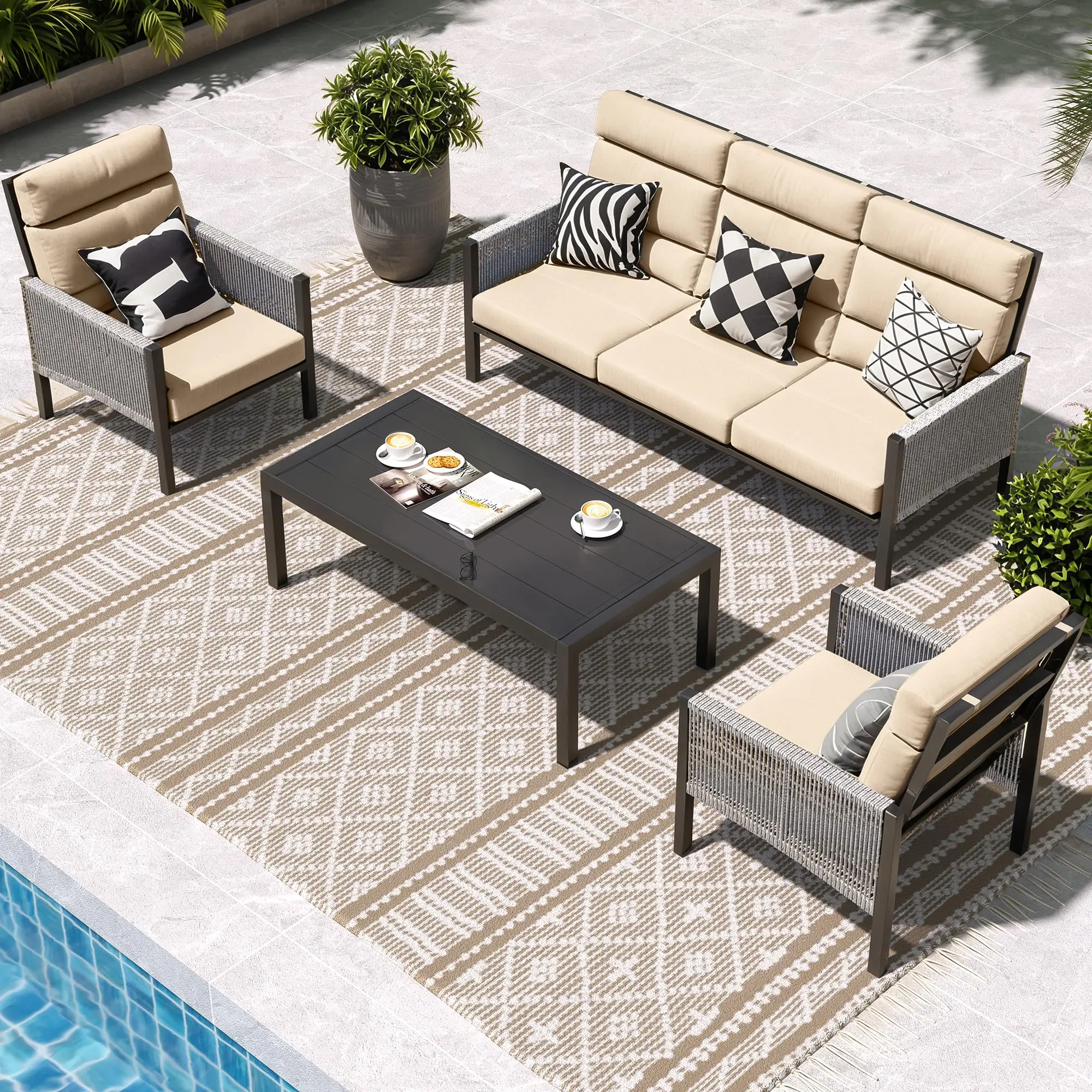 【2 Packages Shipping】YODOLLA Aluminum Patio Furniture Set, High Back Outdoor Sectional Sofa, 4 Pieces Modern Conversation Sets for Porch, Balcony, Gar