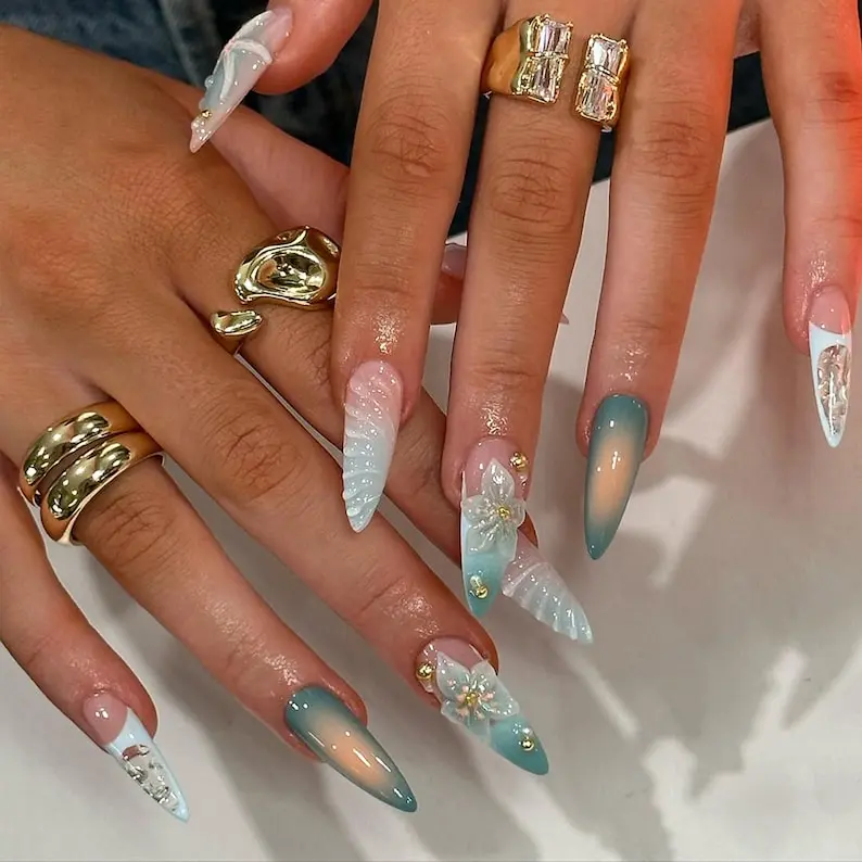Ocean Breeze Ombre Press On Nails | Summer Mermaid Nail Art | Seashell Floral Nail | Coastal Vibes Nail Set | Elegant Nails | DC273H