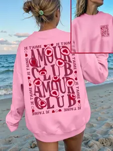 Women's Casual Round Neck Pullover Sweater, Fall & Winter Warm Sporty Shirt, Ribbed Design, Cute Letter Pattern, Ideal for Outdoor Sports and Home Wear