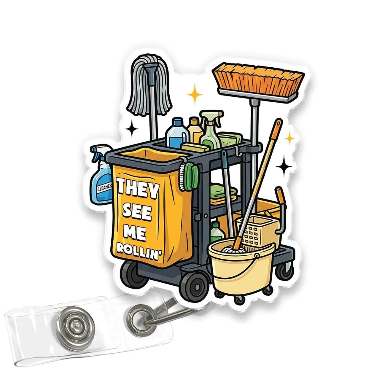 They See Me Rollin Badge Reel, Funny EVS Housekeeper Cart Acrylic Retractable ID Holder with Clip, Cleaning Crew Gift for Hospital Staff 7PQY
