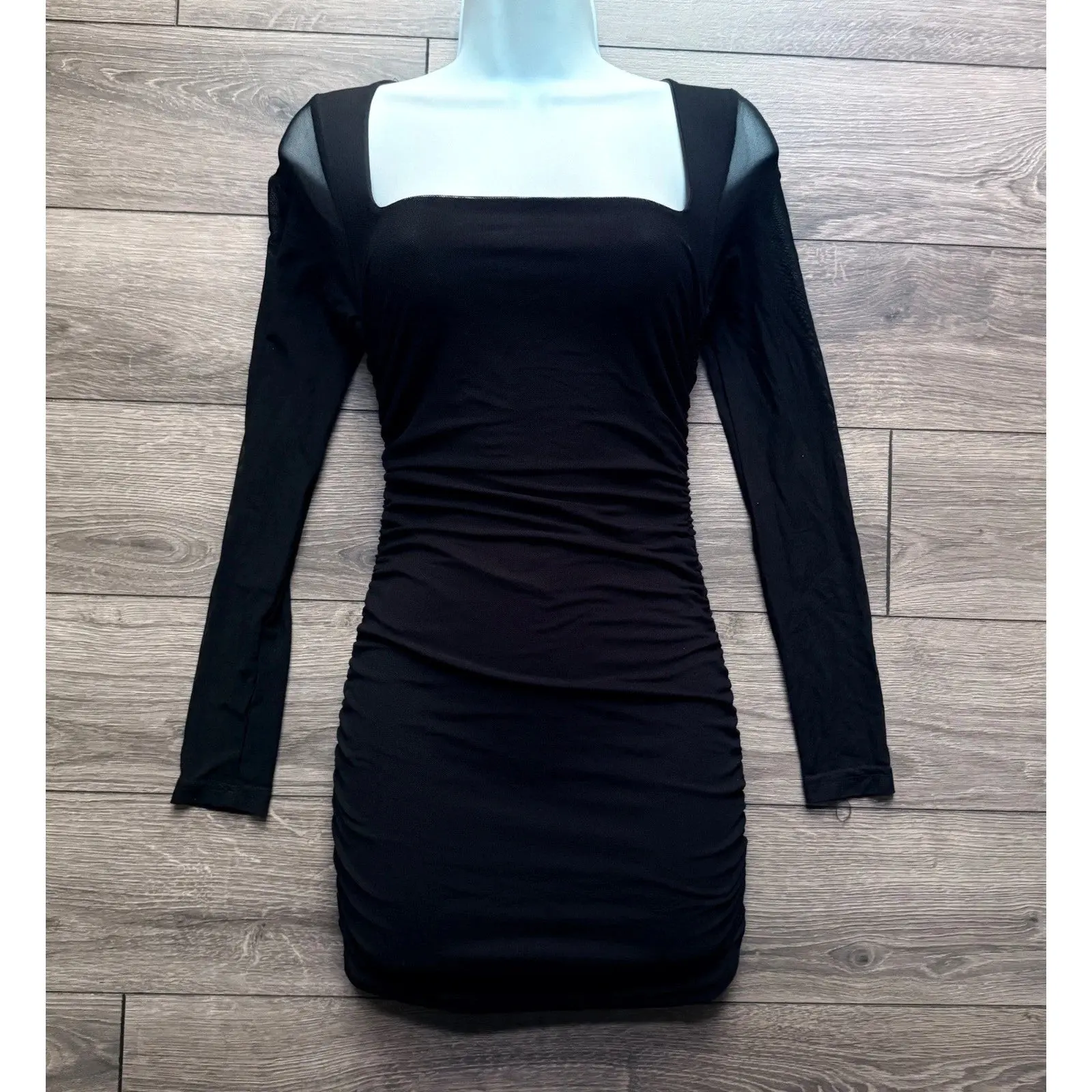 NWT Black Ruched Bodycon Mini Dress Sheer Mesh Long Sleeve Square Neck XS -  TikTok Shop