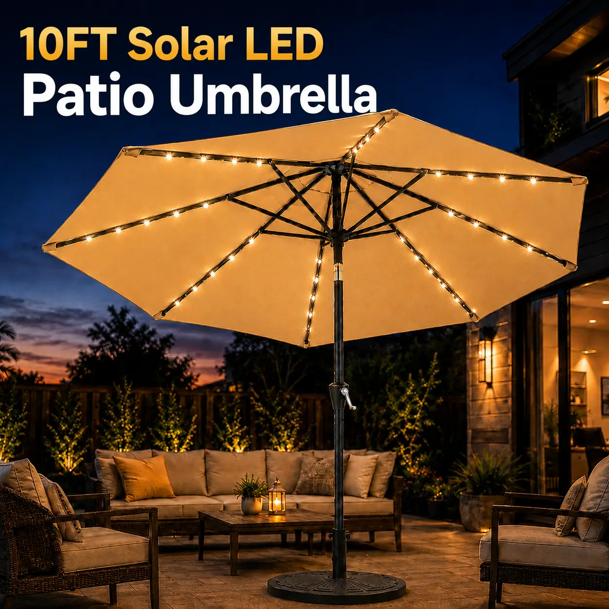 10FT Solar Patio Umbrella with 32 LED Lights Crank Lift Push Button Tilt UV Protection for Patio Pool Deck Garden
