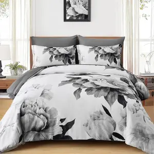 California Comforter Set 7 Piece Bed in a Bag, Grey Floral Printed on White Comforter Set with Sheets, Soft Microfiber Botanical Cal Bedding Set for All Season