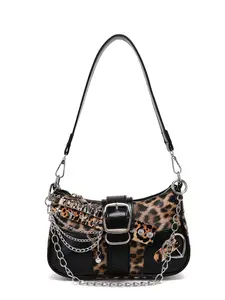 Women's PU Leather Shoulder Bag, Vintage Leopard Print Colorblock Crescent Clutch, Y2K Style Chain Decorated Crossbody Bag