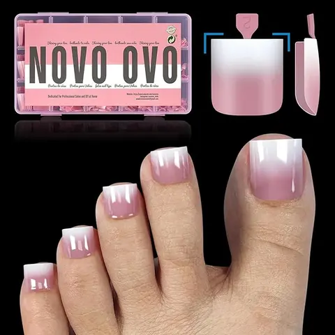 NOVO OVO Ombre French Tip Press on Toe Nail Tips, Sharp Square Pre-Designed Soft Gel False Toenail Extension, BERRY PINK Pre-applied Tip Primer & Base Coat, Full Cover Acrylic DIY x 15 Sizes 240 pcs,familyfun