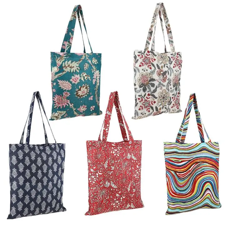 Foldable Reusable Shopping Bags for Grocery - CPC Mix Cotton Floral Tote Bags, 15x16 in Mixed Prints Pack of 5, Machine Washable, Plastic-Free, Ideal for Women, Spring/Mother's Day Gifts, Bags Foldable Rolling Shopping
