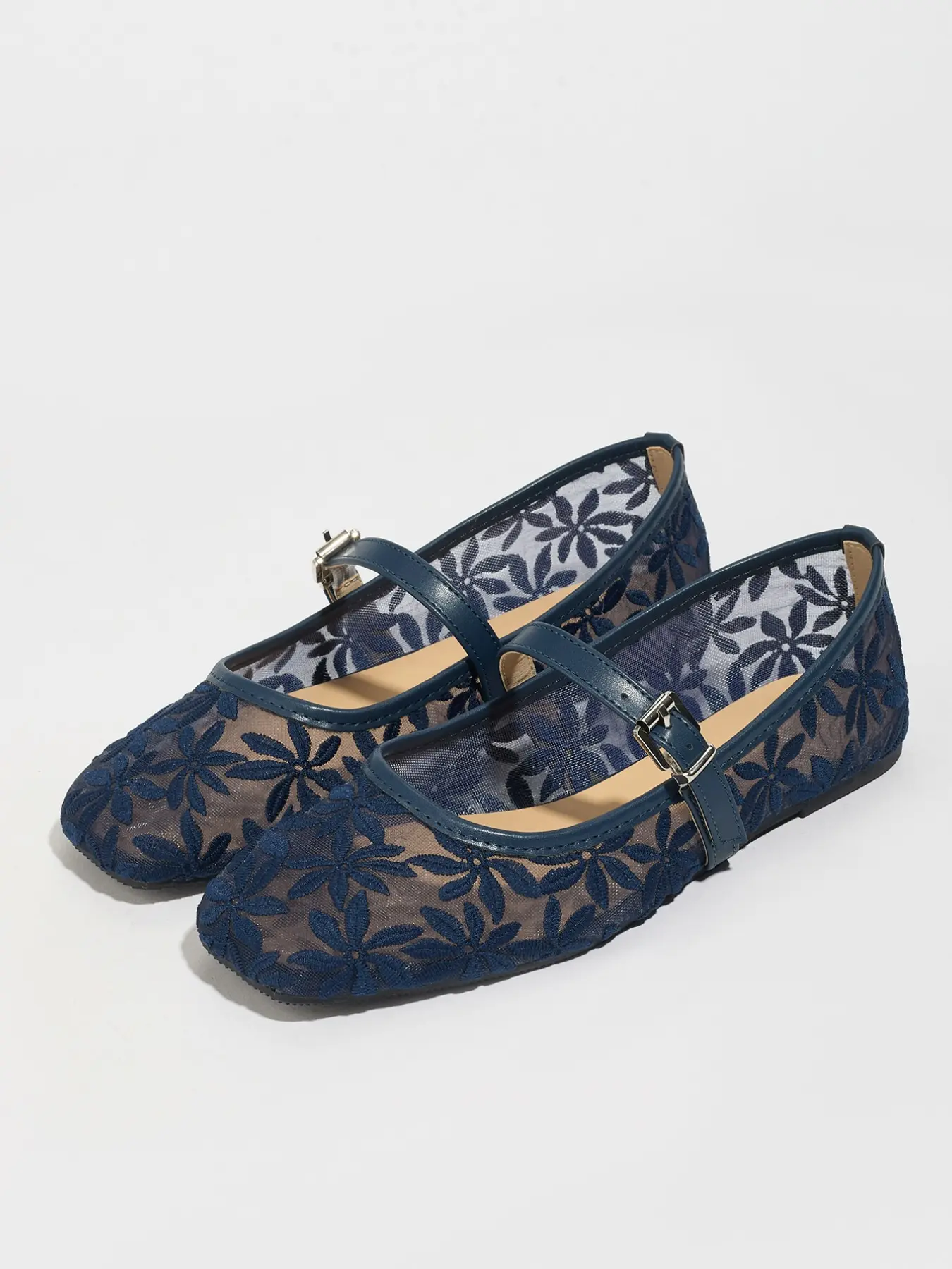 Women's Summer Mesh Embroidered Ballet Lace Mary Jane Shoes, Elegant Plain Design, Breathable Flat Sandals, Versatile Fashion Footwear, Classic Ballet Flats