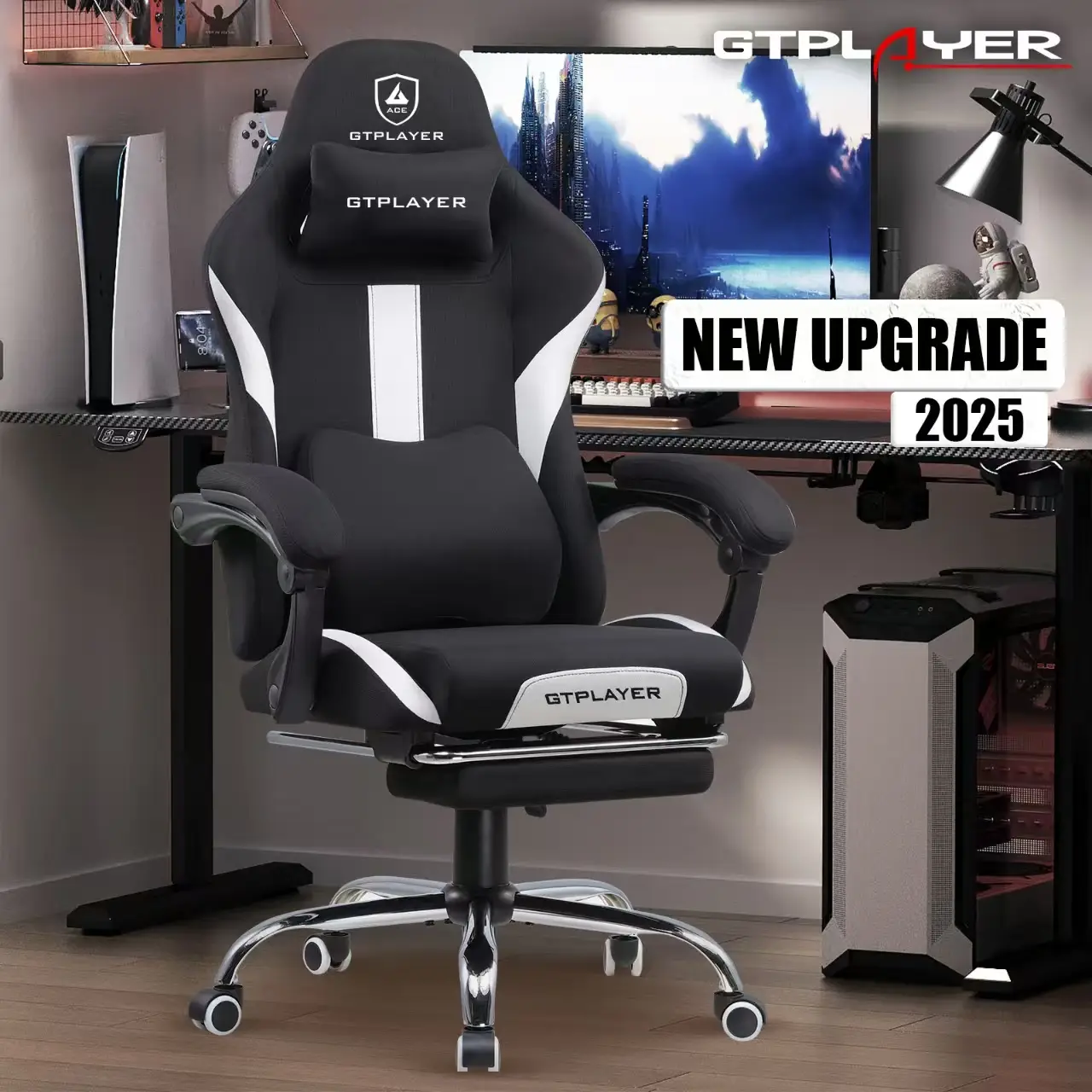 【Totally revamped!】 Better than ever! Gaming Chair Breathable Fabric Computer Chair with Pocket Spring Cushion, Ergonomic Computer Chair with Footrest
