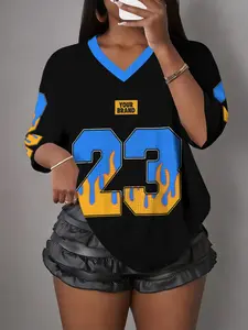 Women's V-Neck Flame Print T-Shirt, Blue Gradient Fire Pattern, Casual Streetwear, Sporty Fitted Short Sleeve Tee, Fashion, Everyday, Womenswear
