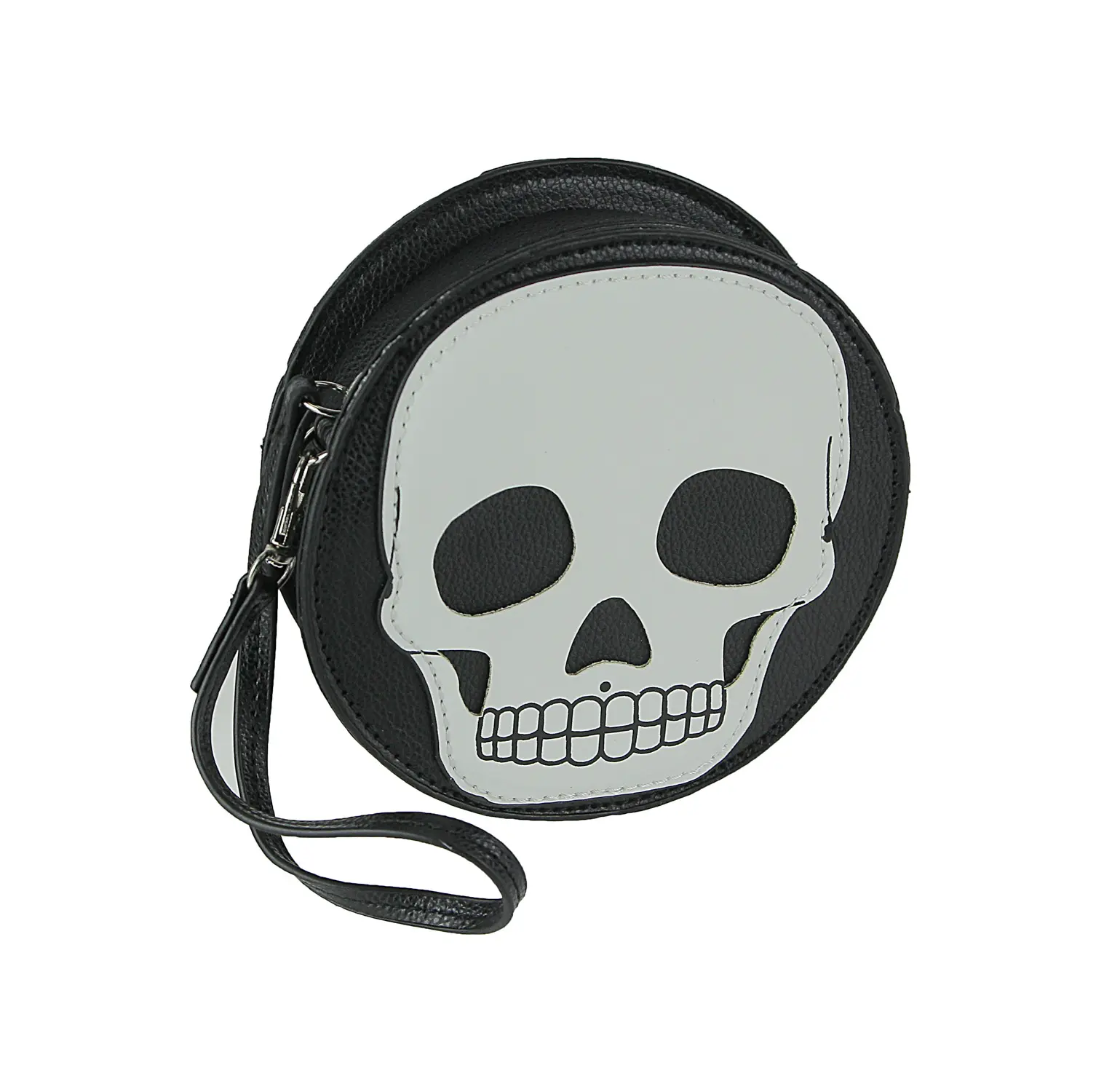 Textured Black Vinyl Skull Design Round Wristlet Purse with Removable Strap 5 Inch Diameter