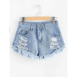 Trendy Light Blue Ripped Denim Shorts with Pearl Embellishments - Casual Jean Shorts for Women, Loose Fit, Above the Knee Length, Faux Pearls, Mid-Waist, Cotton Material