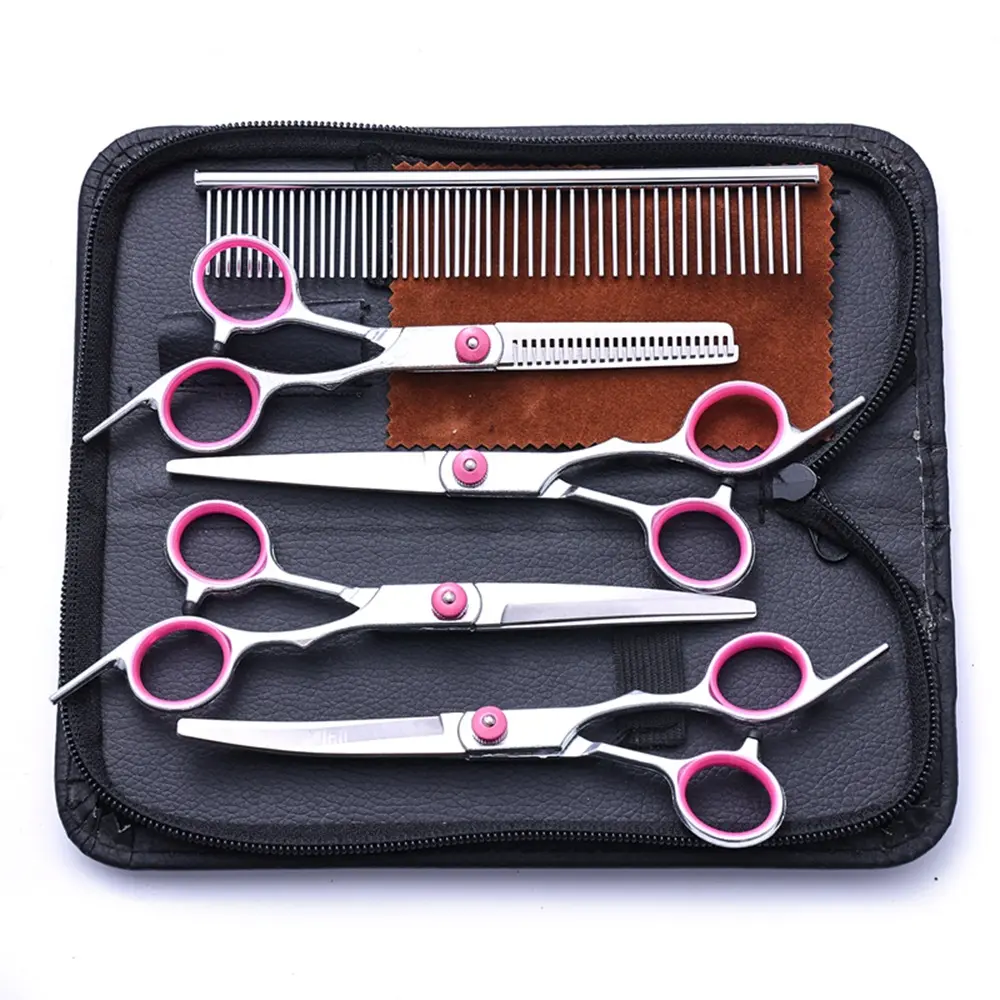 5pcs Professional Pet Grooming Scissors & Comb Set - 7.0" 6CR Stainless Steel Blades, Ergonomic Non-Slip Handle, Case, Multi-Cut Types, Angled/Clear Tooth/Safety Round Tips, Lightweight for Home Poodle Grooming
