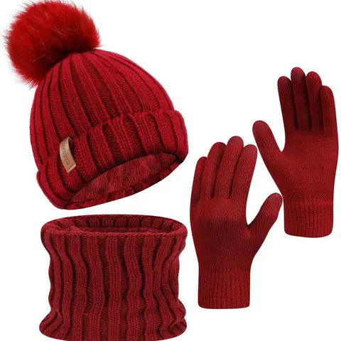 Unisex Adult 3-Piece Winter Beanie-Hat-Scarf-Gloves Set, Classic Knit Pattern, Touch Screen Design, Double-Layered Brim, High Elasticity, Ribbed Plush Thermal Fleece, One Size, for Hiking, Daily Wear