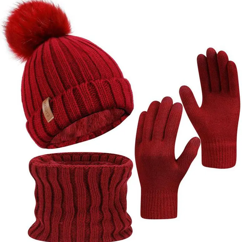 Unisex Adult 3-Piece Winter Beanie-Hat-Scarf-Gloves Set, Classic Knit Pattern, Touch Screen Design, Double-Layered Brim, High Elasticity, Ribbed Plush Thermal Fleece, One Size, for Hiking, Daily Wear