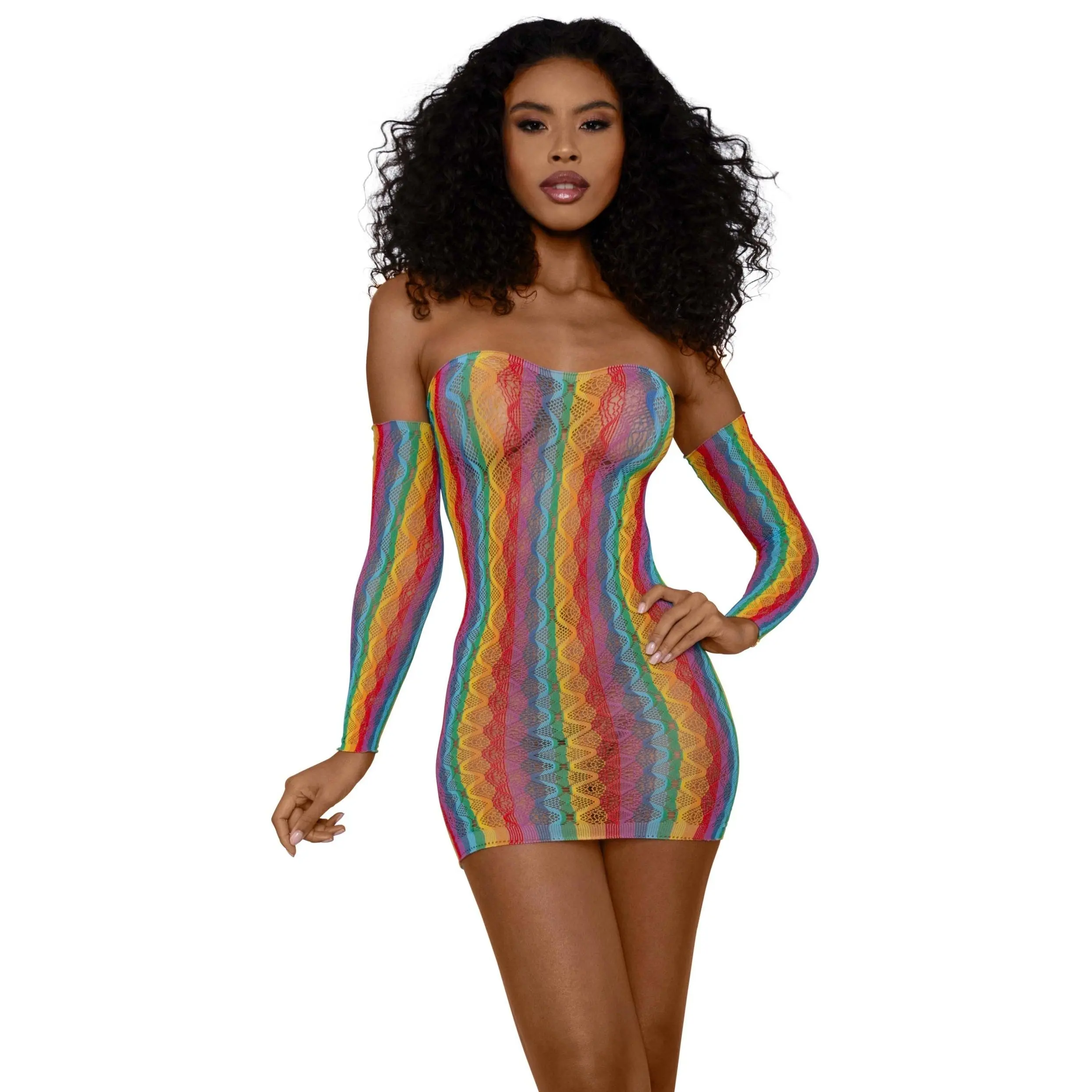 Rainbow Fishnet Mini Dress with Arm Warmers