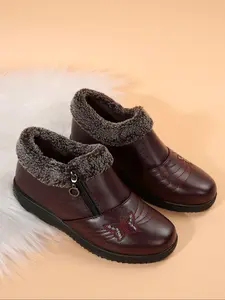 Women's Winter Warm Fleece Ankle Boots, Embroidered Design, Non-Slip Rubber Sole, Available in & Burgundy Colors, Casual Warm Boots