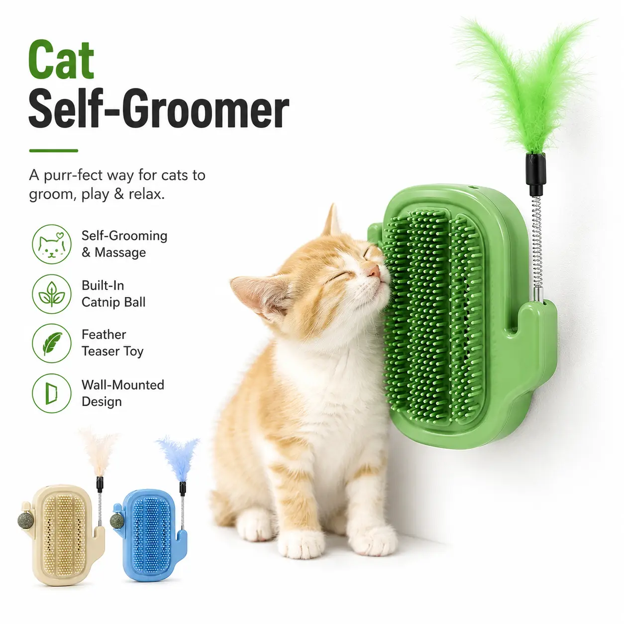 Cat Self Groomer Brush Toy with Catnip Ball and Feather Wand, PP Plastic Wall Corner Grooming Comb for Indoor Cats and Kittens, Interactive Rubbing, Chewing and Play Toy