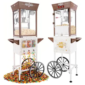 12oz Retro White Popcorn Machine with Rolling Cart, 3 Independent Control Switches & 3 Candy Boxes, Commercial Popcorn Maker for Theater Snack Bar.