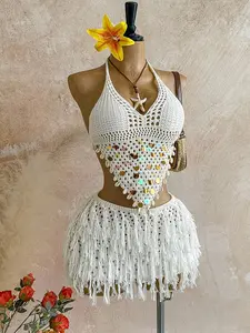 Women's Boho Crochet Two-Piece Set, Sleeveless Crop Top + Mini Skirt, Contrast Sequin Fringe Design, Beach Vacation, Party, Festival
