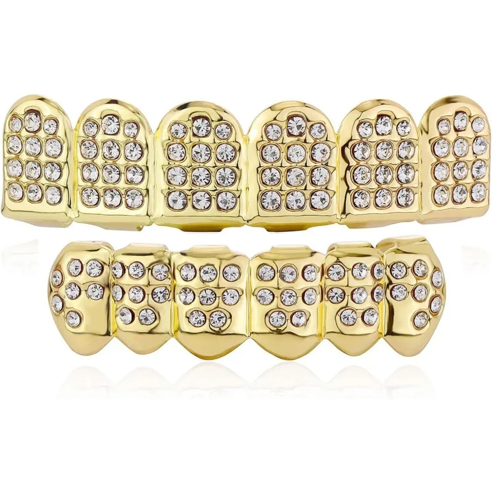 Diamond Grills for Your Teeth 14K Gold Plated Iced Out Mouth Teeth Grillz Top Bottom Tooth Caps Hip Hop Bling New Gold Silver Grill for Men Women Costume Jewelry