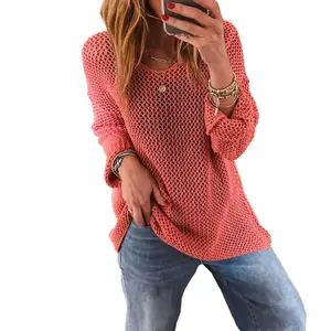 Women’s Coral Solid Color Hollow out Crochet Scoop Neck Lightweight Sweater