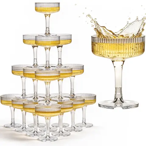 KSESTOR Sturdy Clear Plastic Champagne Tower Set - 21-Piece 7oz Classic Ribbed Reusable Acrylic Shatterproof Coupes, Drinkware for Wedding, Anniversary Celebrations