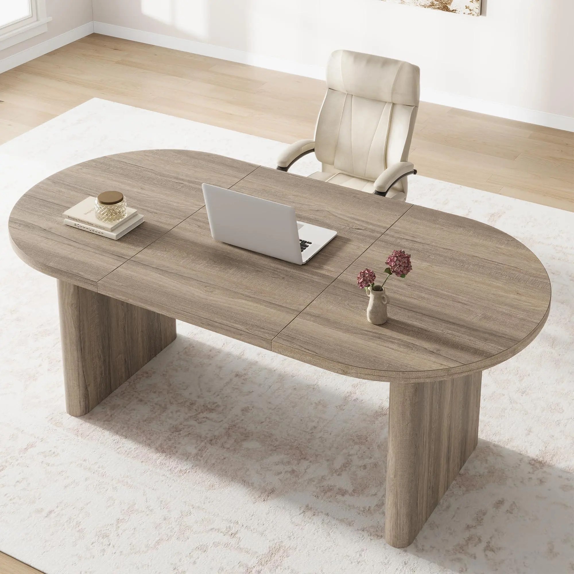GARVEE Oval Executive Desk, Large Computer Office Desk Workstation, Farmhouse Wooden Laptop Desk Study Writing Table Business Furniture for Home Office