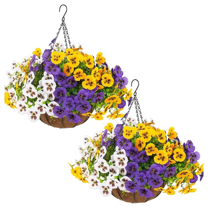 Artificial Hanging Pansy Bouquet with Basket, UV-Resistant Silk Pansies for Outdoor Decor, Perfect for Porch, Garden, Home Spring Decoration, Hanging Plant Basket, Artificial Hanging Baskets