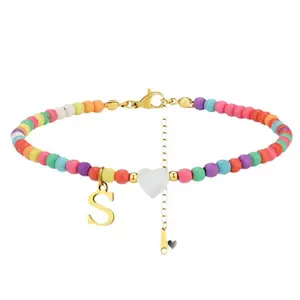 Waterproof 18K gold-plated stainless steel heart-shaped letter anklet, colorful handmade beads, adjustable summer beach women's foot accessory