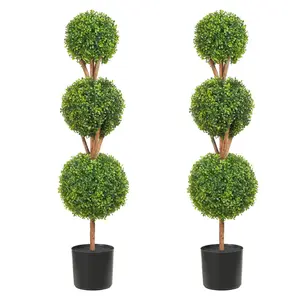 Artificial Boxwood Topiary Trees Set, 48-Inch Tall, Two Pieces With Three Ball-Shape Faux Topiaries, Planters Included, Green Decorative Indoor Outdoor Garden Accent, Replaceable Leaves, Weather-Resistant and Low Maintenance