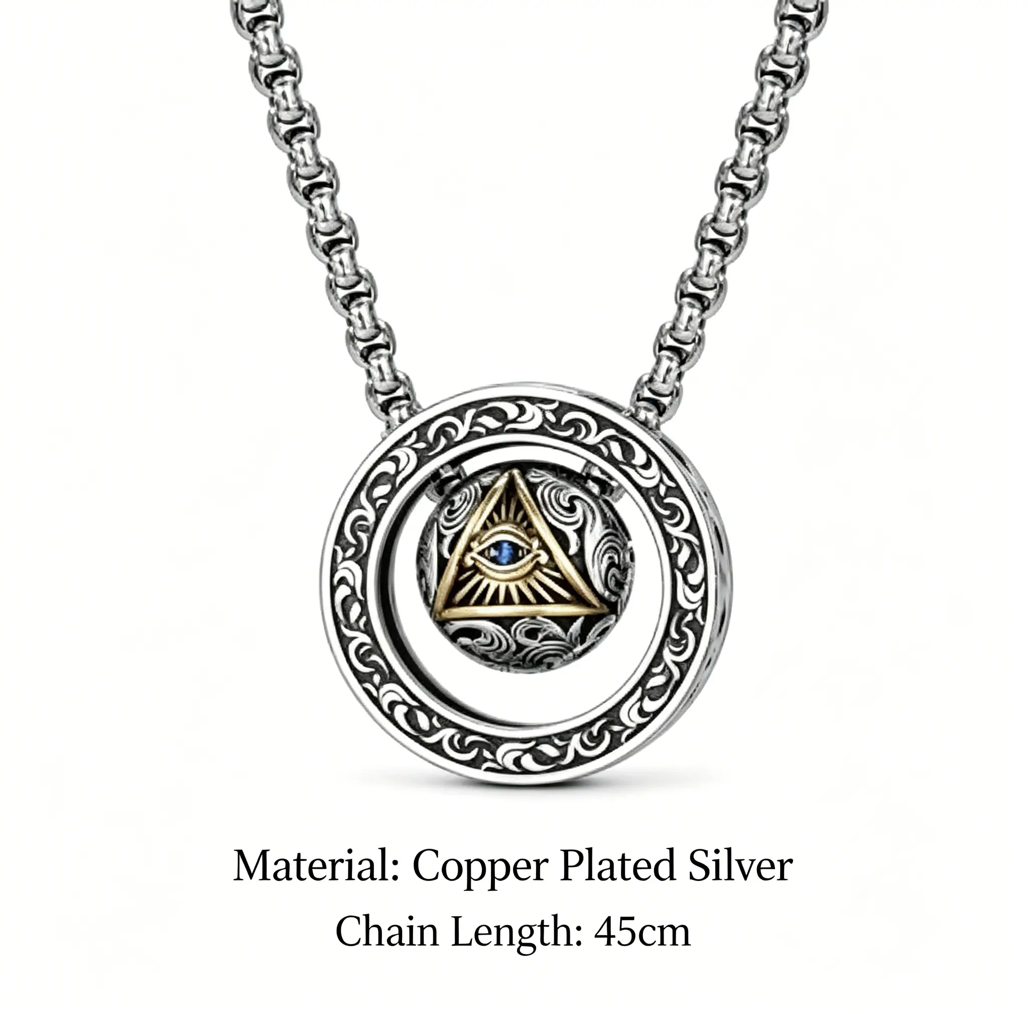 Men's Retro Biker Punk Pendant Necklace, Copper Plated Silver Amulet with Rotatable Eye and Blue Crystal, Scrollwork Protection Charm on 45cm Chain, Collectibles for Adults, Casual Wear, Blue Evil-Eye Charms & Pendants
