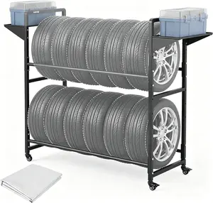 Tire Storage Rack – Adjustable Rolling with Anti‑Dust Cover – 44″×16″×44″ / 57″×18″×55″ – Black – 4 Swivel Casters & 2 Storage Shelves for Garage Organization