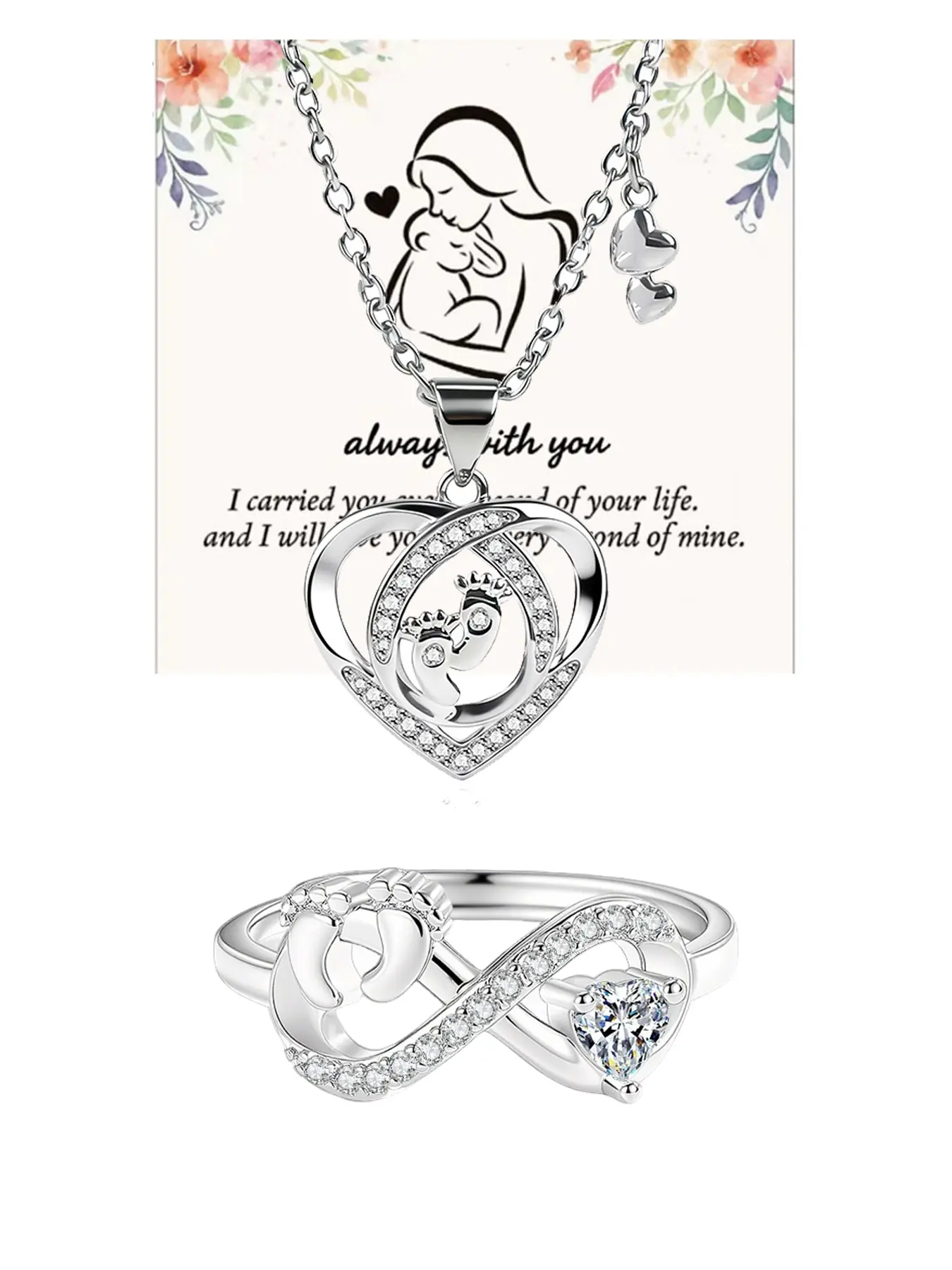Mother's Day & Mom-to-Be Gift: Heart-Shaped Baby Footprint Necklace — Infinity Love Footprint Necklace & Ring Set | An Exquisite Keepsake for Mom and Baby — A Loving Gift Perfect for Baby Showers, New Moms, Mother's Day, and More