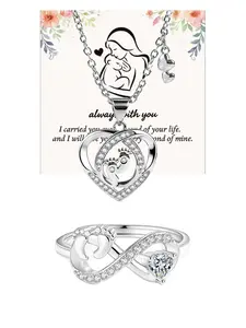 Mother's Day & Mom-to-Be Gift: Heart-Shaped Baby Footprint Necklace — Infinity Love Footprint Necklace & Ring Set | An Exquisite Keepsake for Mom and Baby — A Loving Gift Perfect for Baby Showers, New Moms, Mother's Day, and More
