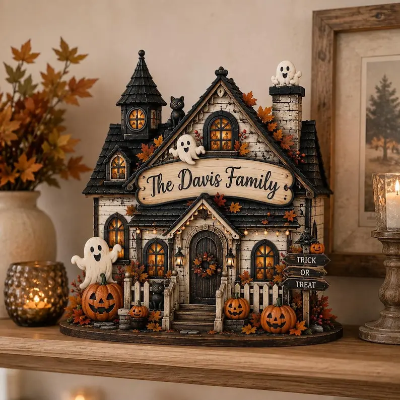 Personalized Haunted House Wooden Block, Custom Family Name Halloween Decor, Gothic Mansion Tabletop Sign