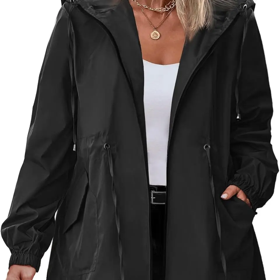 【Plus Size】IN'VOLAND Women's Rain Jacket Long Raincoat Lightweight Hooded Windbreaker Waterproof Jackets with Pockets Casual Long Sleeve  Womenswear Fabric Adjustable Comfortable Drawstring Feminine Fit Outdoor Polyester Shell Spring