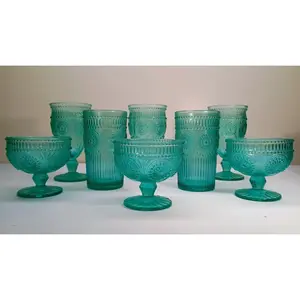 Pioneer Woman Adeline Glass Teal Blue Drinking Glasses (Set Of 8)