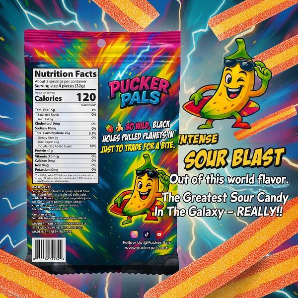 Pucker Pals Strawberry Banana Sour Candy – Extreme Sour Strips, Chewy Gummy Candy & Sour Gummies, Gummy Worms Style Bold Fun Treats for Kids, Boys, Girls, Teens & Adults, Halloween & Stocking Stuffers
