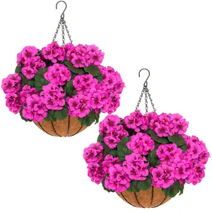 2Pcs Pink Artificial Geraniums Hanging Basket, 12 Bundles UV Resistant Fake Flowers, All-Season No Fade Spring Summer Decor for Patio Porch Balcony Summer Vibes
