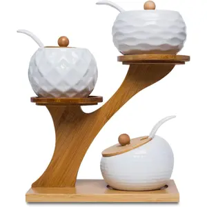 Porcelain Condiment Jar Set Spice Jars with Bamboo Lids and Spoon Wooden Tray 170 ML (5.8 OZ) for Storing Tea Spices Coffee Set of 3 White