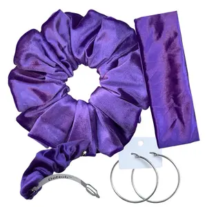 DeNob 4-in-1 Purple Velvet Hair Scrunchie Set Soft Velvet with Gentle Sheen Includes XXL Scrunchie Headband Barrette & Silver Hoop Earrings for Stylish Hair Accessory