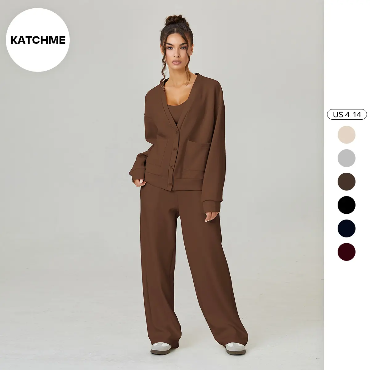 KatchMe Women's Slouchy Solid Color V Neck Long Sleeve Button Cardigan & Drawstring Waist Trousers Co-ord, Soft Two Piece Outfits for Fall & Winter(3)